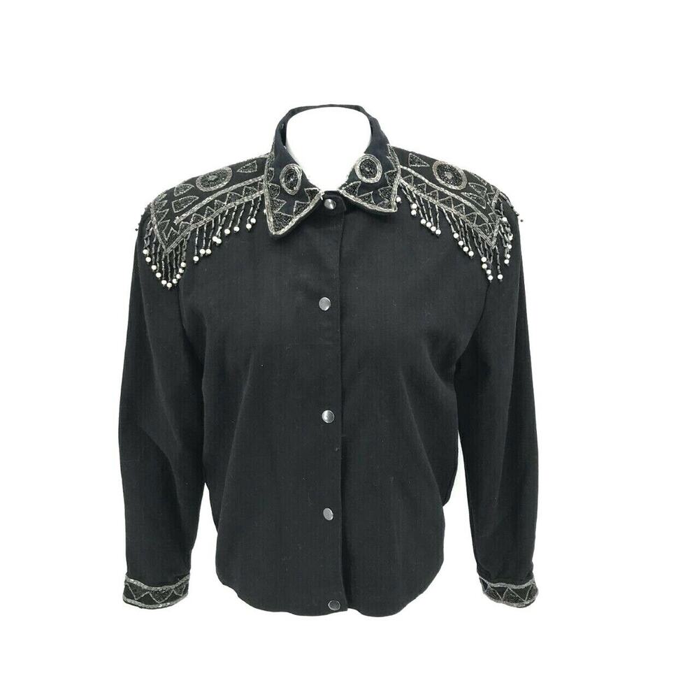 Vintage Modi Denim Women's Western Beaded Shirt Jacket Shacket Sz L 10-12 Black